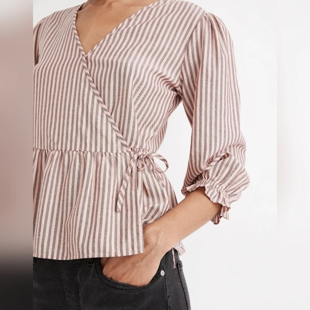 Madewell Puff-Sleeve Peplum Wrap Top in Stripe
